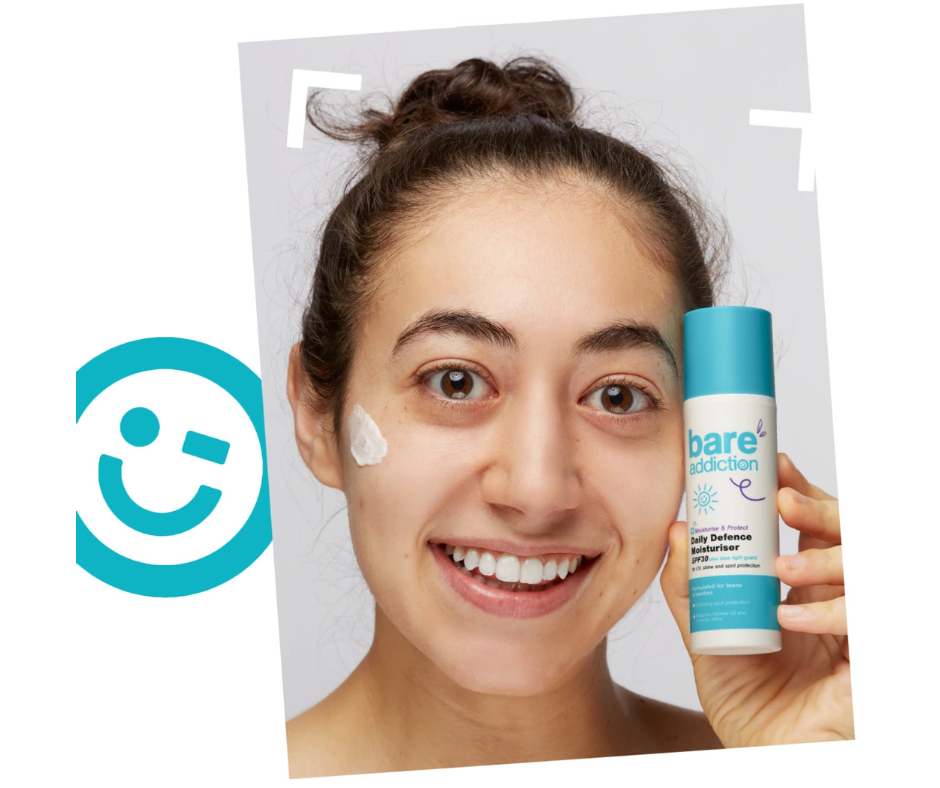 Skin Care Routine for Preteens (9-12 year olds) - Parent's Guide - Picture of a girl holding Bare Addiction Daily Protection Moisturiser with the cream on her face