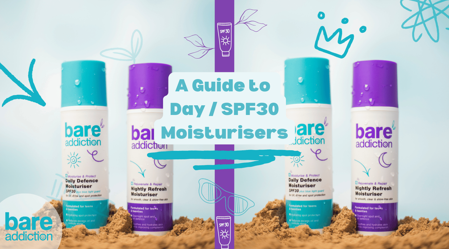 Picture of two moisturisers, one SPF30 day cream, one night cream. Text reads: A guide to Day / SPF30 Moisturisers