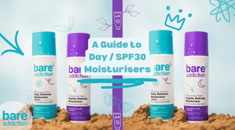Picture of two moisturisers, one SPF30 day cream, one night cream. Text reads: A guide to Day / SPF30 Moisturisers