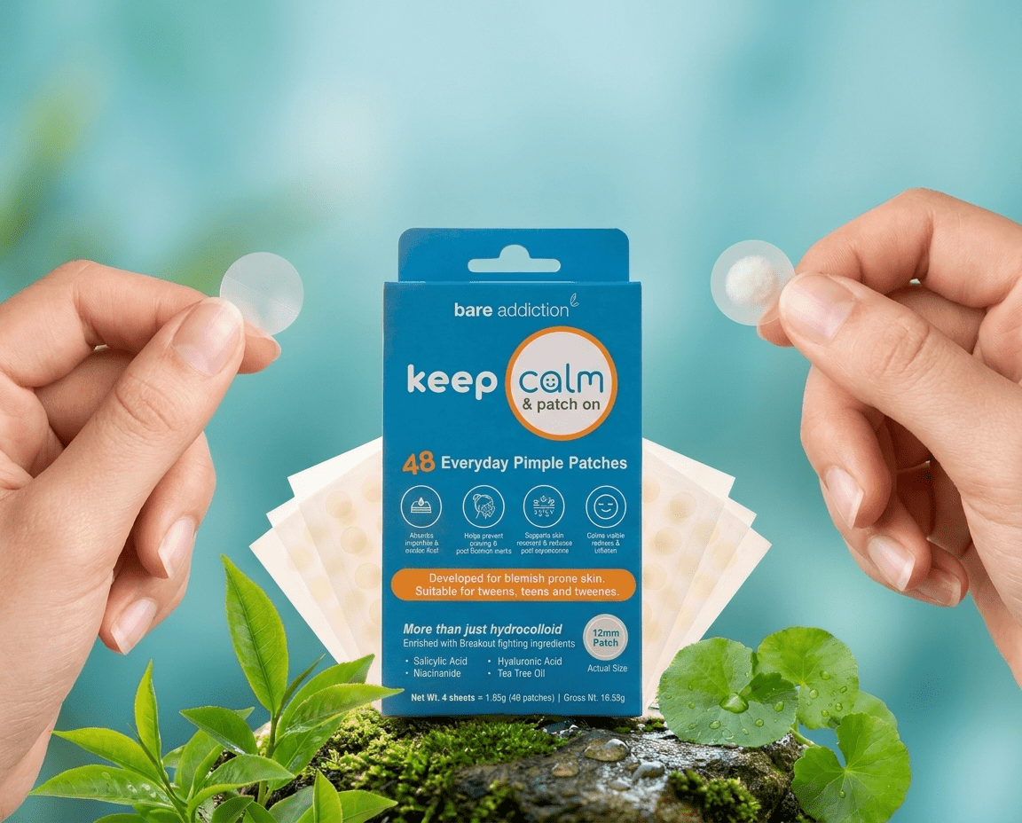 Bare Addiction Keep Calm and Patch on - Pimple patches, with hands holding a before and after pimple patch.