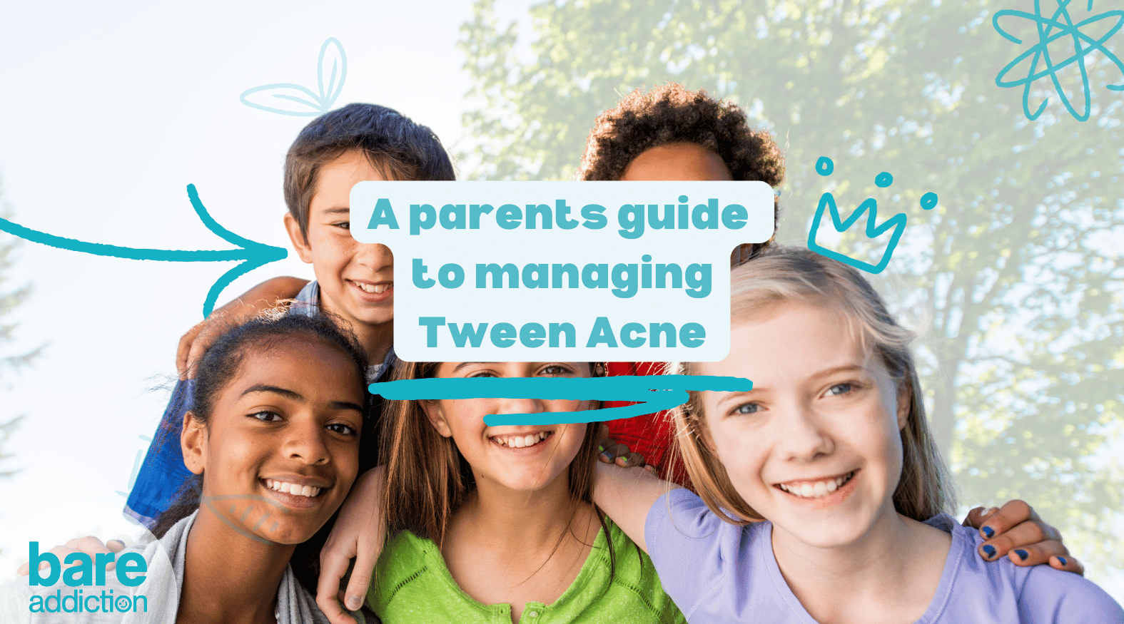 Tweens huddling, with the text: A Parents guide to managing tween acne