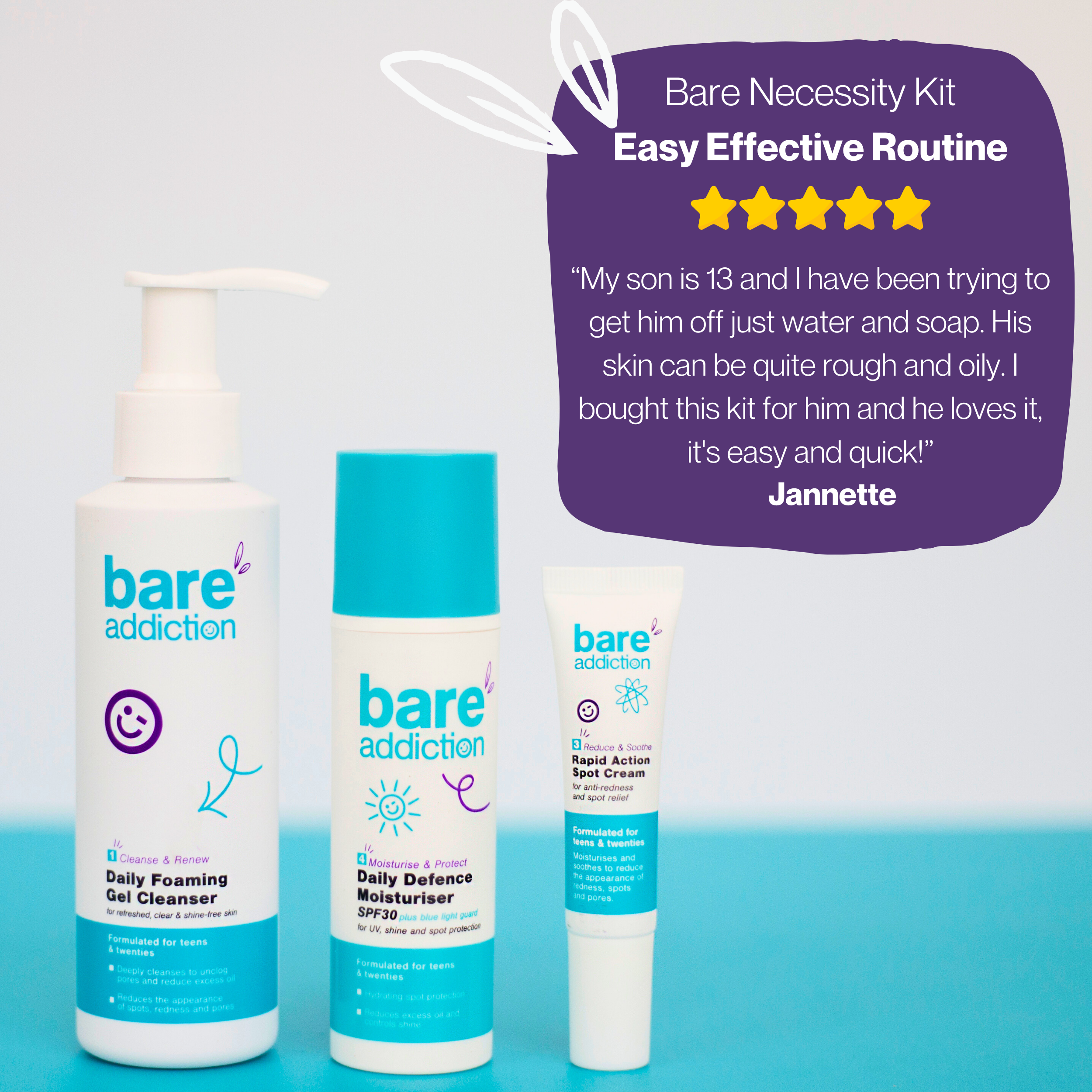 Gel cleanser, spf 30 day cream and rapid action spot cream for acne-prone skin. Bare Necessity kit given 5 stars by Jannette for how quickly it cleared her son's skin.