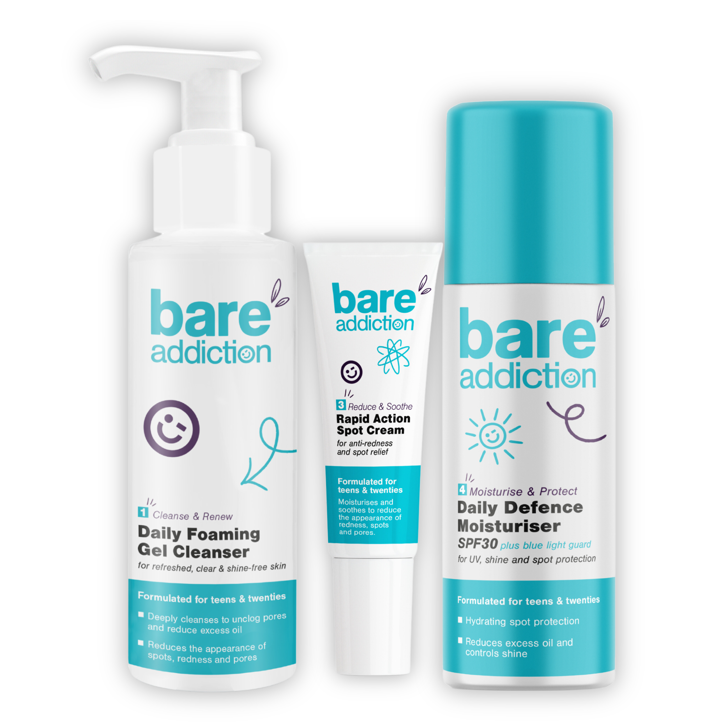 Bare Necessity kit including the Foaming Gel Cleanser, Rapid Action Spot Cream and Daily Defence Moisturiser.