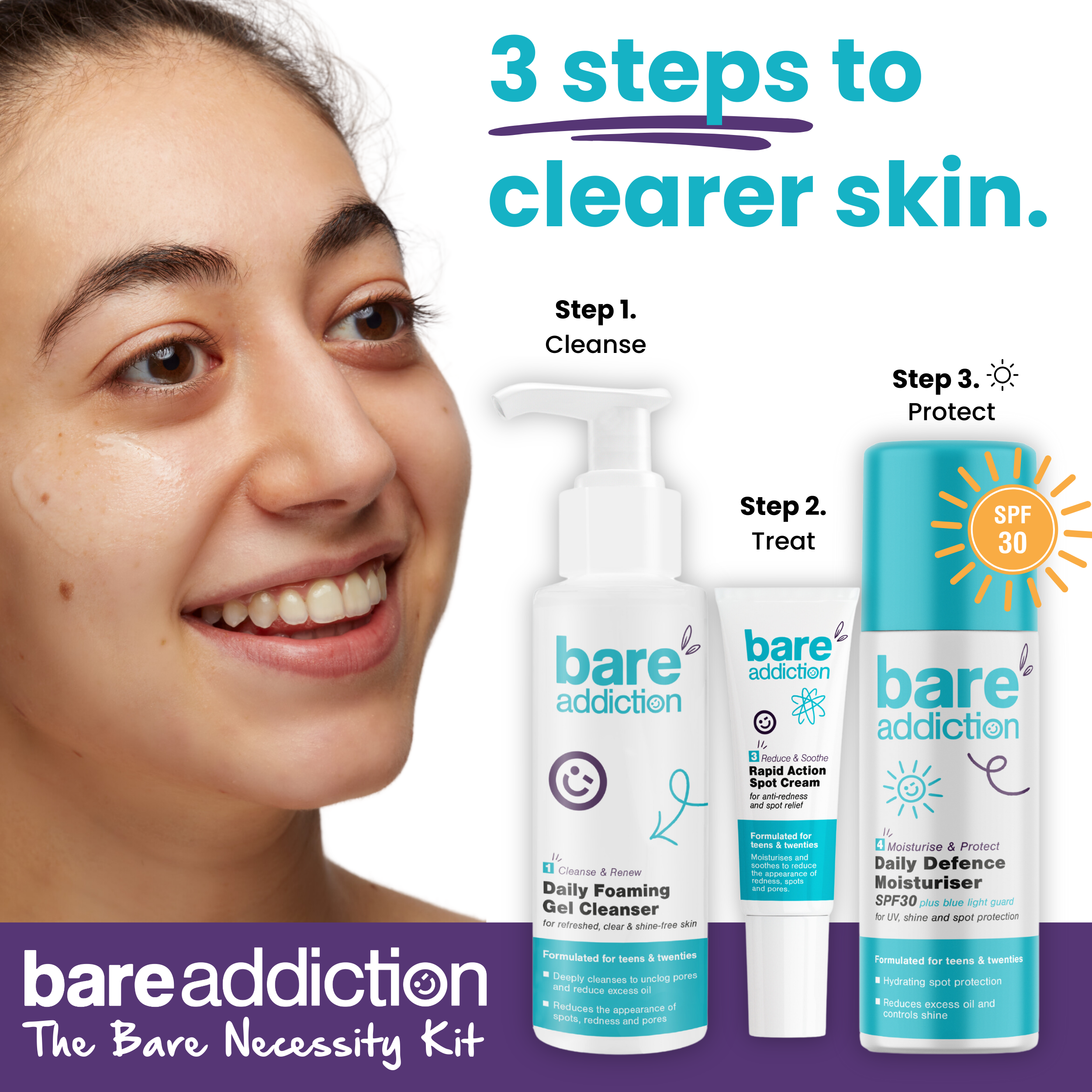 Bare Necessity kit including the Foaming Gel Cleanser, Rapid Action Spot Cream and Daily Defence Moisturiser.