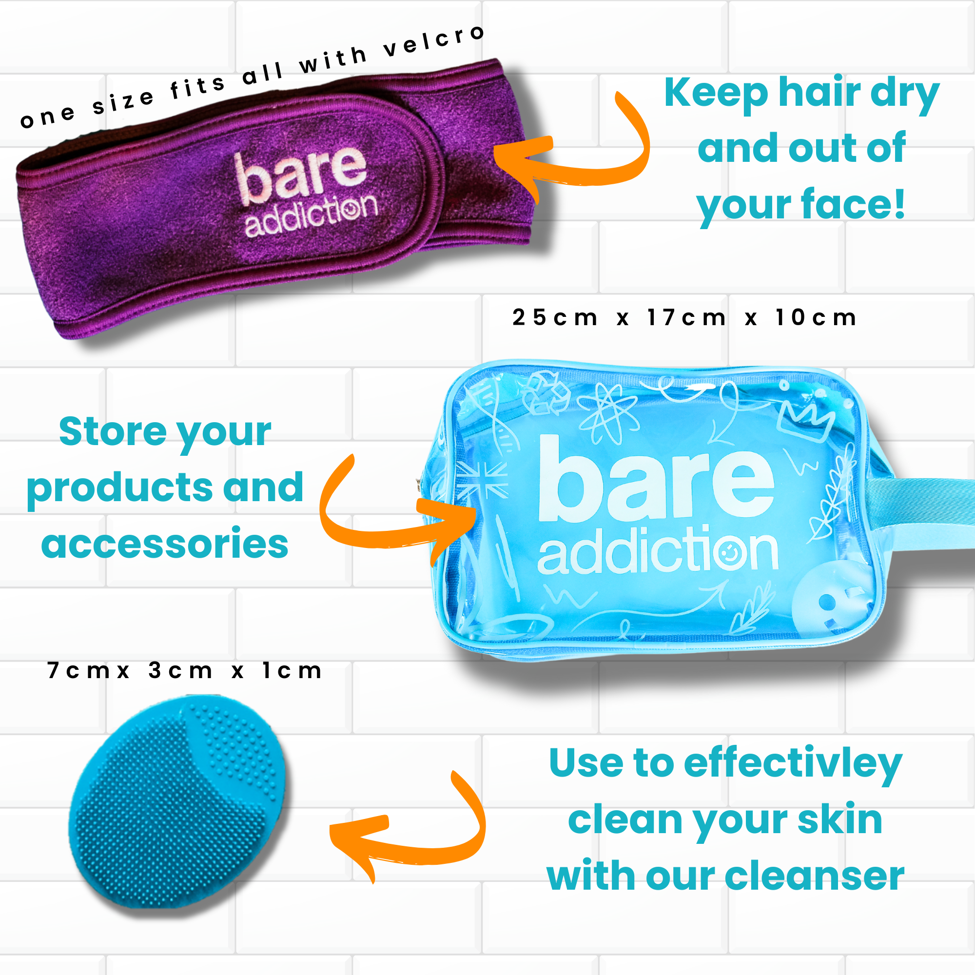 Includes the Bare Addiction purple headband, Large blue toiletry bag and blue silicone scrubber.