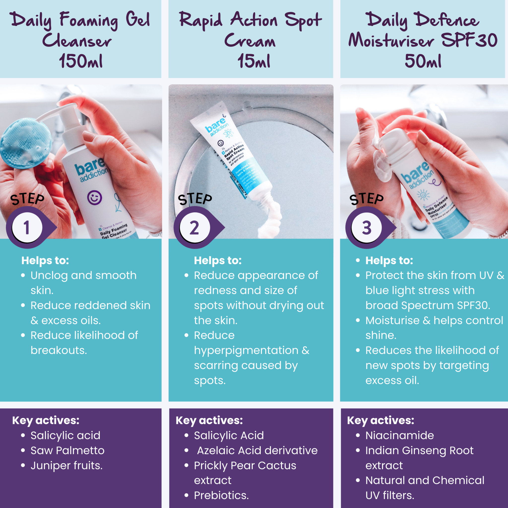 Bare Necessity Three steps to clear and healthy skin. Step 1 cleanse, step 2 treat and step 3 moisturise.