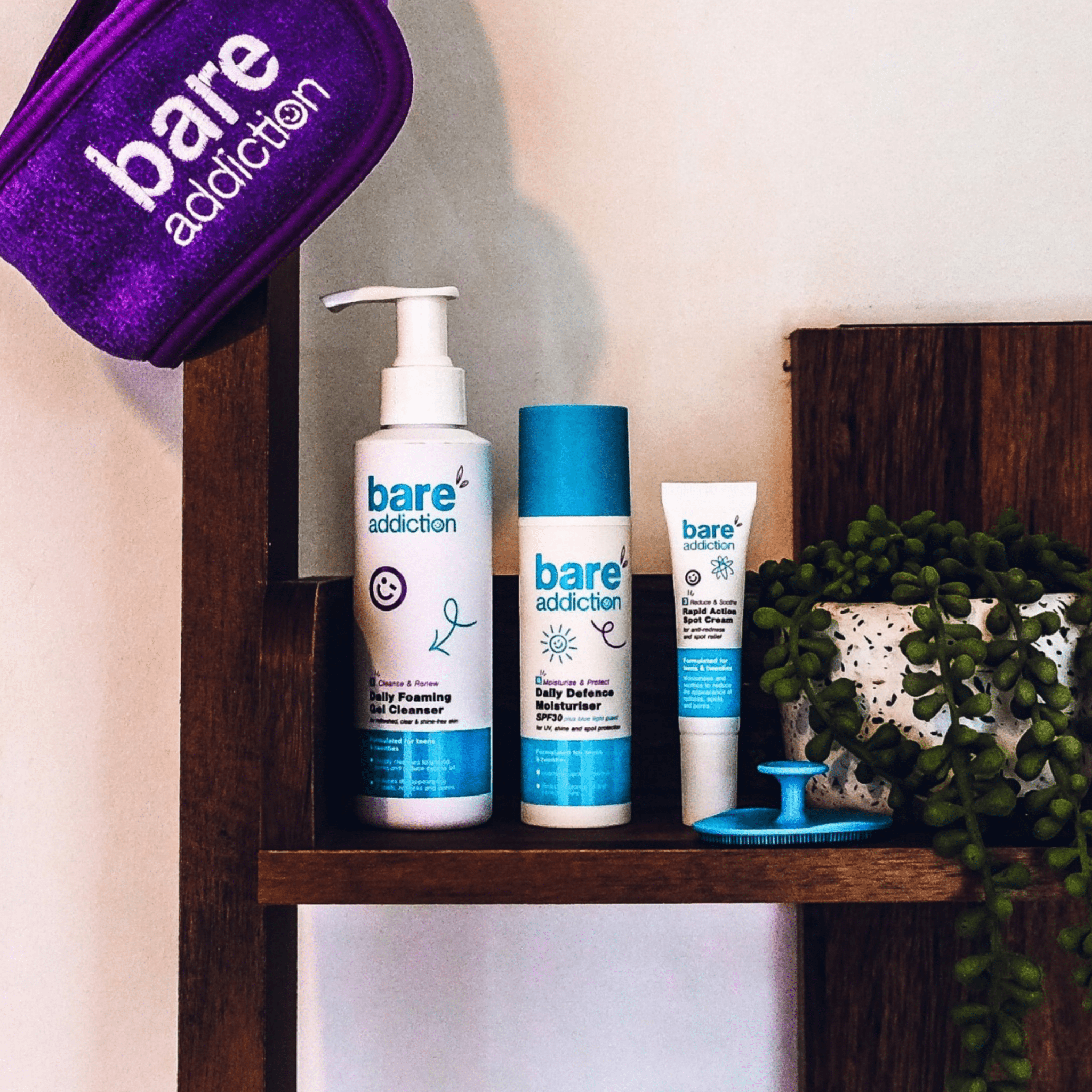 Picture: Bare Addicition Foaming Gel Cleanser, Daily Defence Moisturiser, Rapid action spot cream.