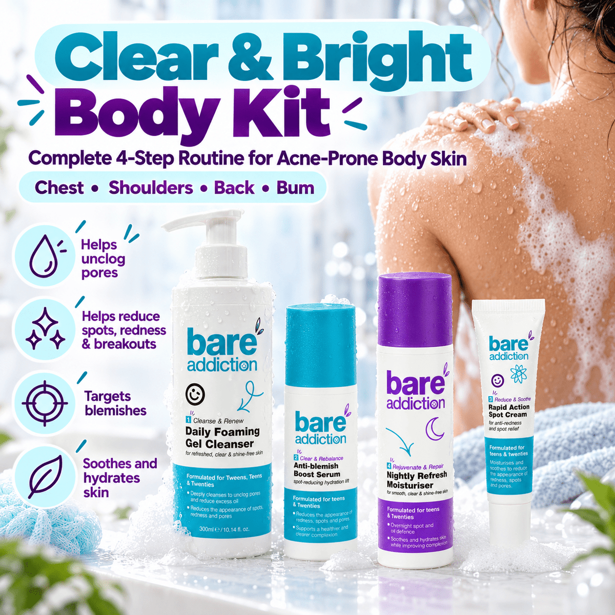 Clear & Bright Body Kit – Complete 4-Step Routine for Body Acne-Prone Skin