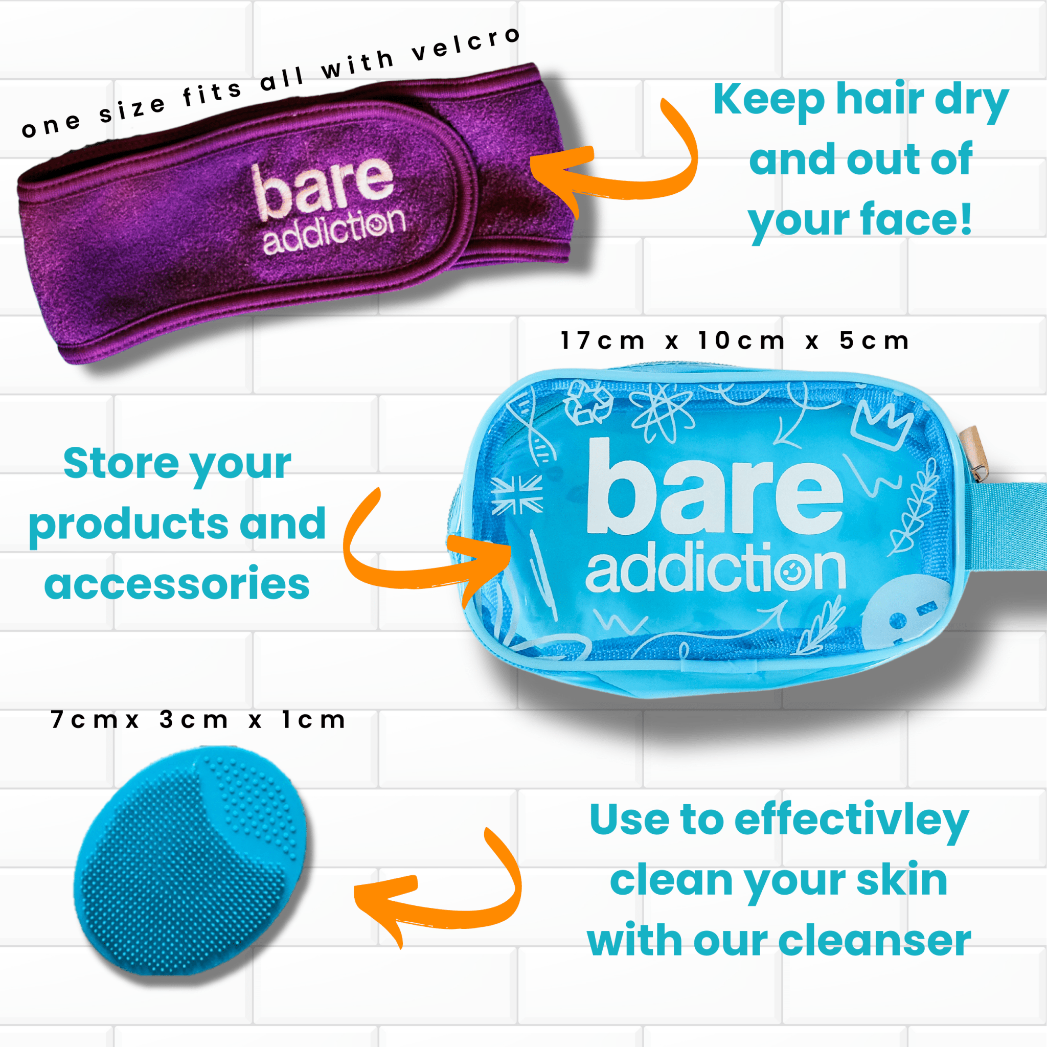 Bare Addiction Headband, silicone scrubber and small toiletry bag included