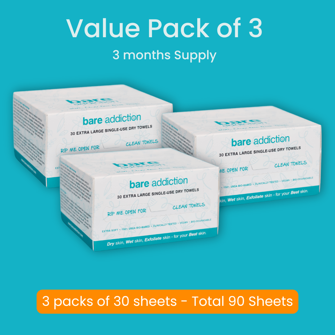 Three boxes of bare addiction clear face fresh towels, each box contains 30 sheets, totaling 90 sheets. The boxes are labeled as a value pack of 3, a 3-month supply.